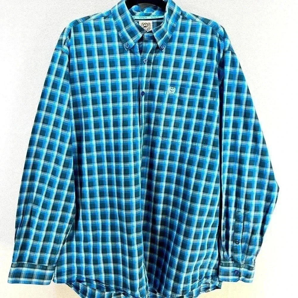 Cinch Long Sleeve Shirt button down chest pocket plaid blues western
